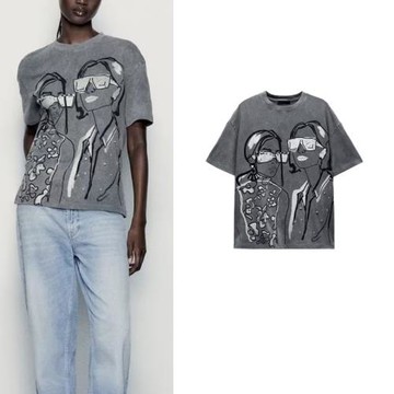 春季新款短袖體恤上衣圓領寬松復古女孩印花T恤 1131820