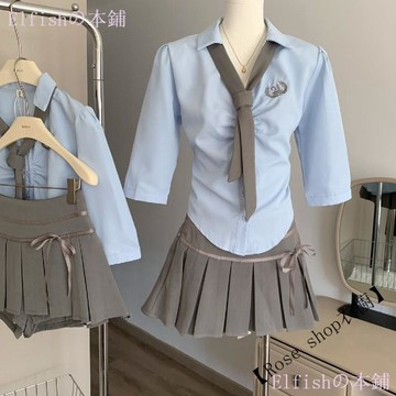 2024早春新款學院風藍色刺繡polo領襯衫上衣百褶半身裙子兩件套裝 韓系套裝 套裝女 時尚套裝 oot