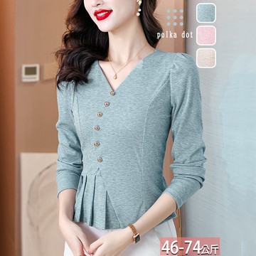 V領斜襟釦飾壓褶開衩泡泡袖上衣(3色) L-4XL【144425X】【現+預】☆流行前線☆