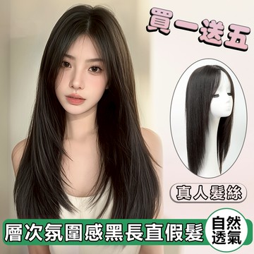 隔日到貨 全真人髮絲 層次氛圍感黑長直假髮 隨意分縫 透氣抗菌內網 遮白髮帽 增髮量 化療假髮 髮套 假髮女 真髮假髮片
