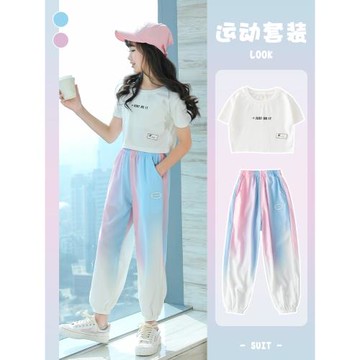 女童夏季套裝兒童洋氣運動服休閑夏裝短袖長褲大童冰絲速干衣女孩