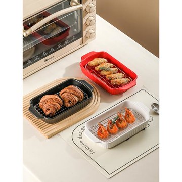 家用陶瓷燒烤盤帶瀝油網雙耳烘焙高顏值焗飯盤可烤箱蒸鍋空氣炸鍋