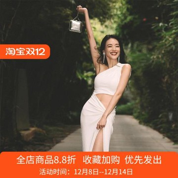 舒淇同款斜肩露腰性感氣質連衣裙女冬高腰開叉顯瘦設計感白色長裙