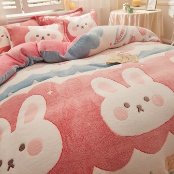 可愛兔子雪花絨四件套冬季加厚床單被套雙面珊瑚法萊牛奶絨床上三