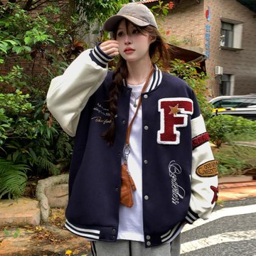 美式復古字母刺繡拼接棒球服女2026春秋新款寬松百搭學生休閑外套