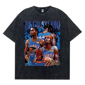 nba 雷霆隊 sga 亞歷山大 純棉T恤 水洗做舊 短袖 T恤 純棉短袖t落肩短袖T恤 夏潮牌寬松落肩袖純棉青年運動t