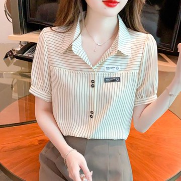 夏季短袖條紋襯衫女士2025年新款洋氣時尚氣質百搭韓版顯瘦上衣