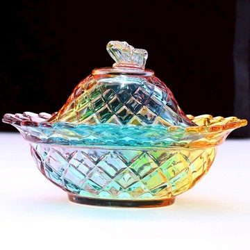 天然水晶擴香石原石礦物消磁凈化彩色玻璃碗元寶聚寶盆形蝴蝶