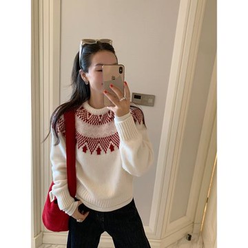 金蘇一 米白色100羊毛費爾島毛衣2025秋冬韓版休閑套頭長袖針織衫