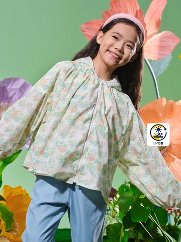 女童裝 Logo防曬印花連帽外套-多彩印花