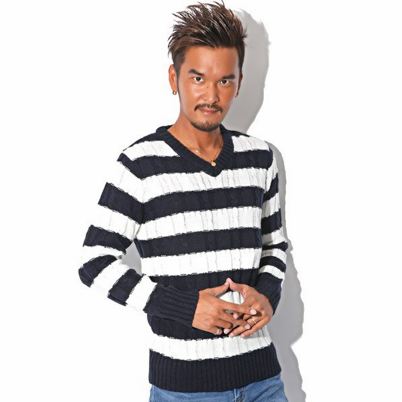 ラグスタイル Bitter ニット メンズ Vネック セーター ケーブルニット 秋 冬ケーブル編み ニットソー ざっくり ボーダーニット メンズ ネイビー系1 M Luxstyle 通販 Lineポイント最大1 0 Get Lineショッピング