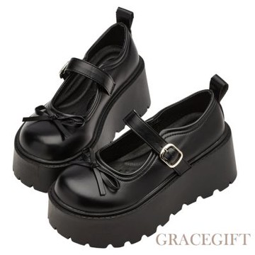 【Grace Gift】高挑甜心蝴蝶結輕量厚底瑪莉珍鞋 黑