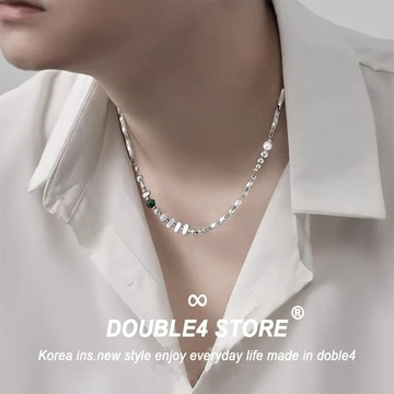 【DOUBLE4】 韓系鈦鋼項鍊男 不退色 綠珠銀石 多拼項鍊 蹦迪 韓系穿搭 鋼項鍊 男女 C108