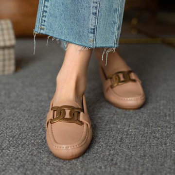 真皮豆豆鞋女2024年新款春秋季百搭通勤淺口軟皮鞋復古平底單鞋女