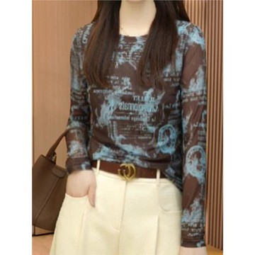 秋季網紗印花氣質百搭圓領長袖打底衫女2025新款洋氣休閑減齡T恤