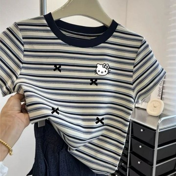 Healthy baby 女童甜美可愛短袖T恤女軟糯厚實洋氣復古條紋上衣寬鬆慵懶耐看t恤 女童短袖 儿童短袖 短袖