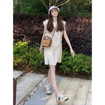 女裝2025年新款無袖沙灘裙小個子法式白色小飛飛袖連衣裙子女夏季
