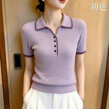 初色 韓系通勤風撞色花邊POLO領短袖單排釦針織上衣女上衣-共2色-52522(F可選)