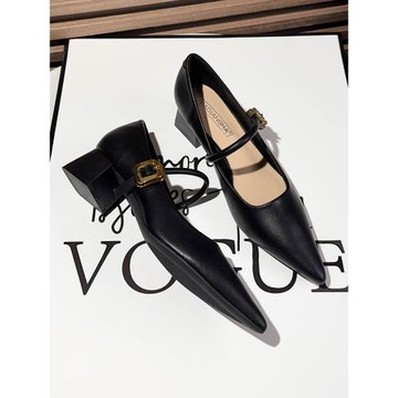 一字帶通勤軟皮黑色職業高跟鞋女粗跟2025年新款夏季工作舒適單鞋