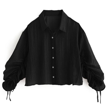 日本 GRL - 楊柳甜美綁帶薄透短版襯衫-黑 (F)