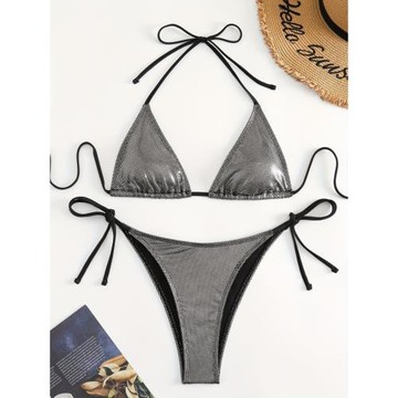 亮面三點式比基尼歐美辣妹性感三角包泳裝沙灘顯瘦分體泳衣bikini