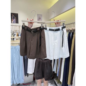 韓版2025年夏季十三行簡約新款后腰松緊休閑闊腿棉麻短褲配腰帶女