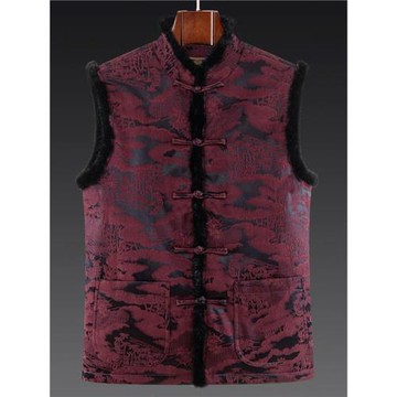 百福龍高檔香云紗鑲貂毛中式坎肩秋冬民族風桑蠶絲盤扣加薄棉馬甲