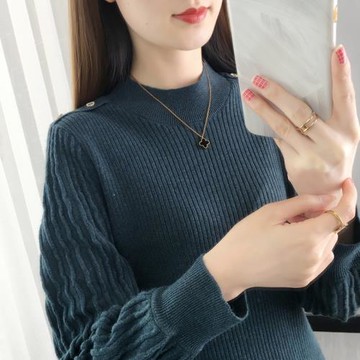 清倉！半高領毛衣女2026春季復古純色短款套頭長袖針織燈籠袖洋氣