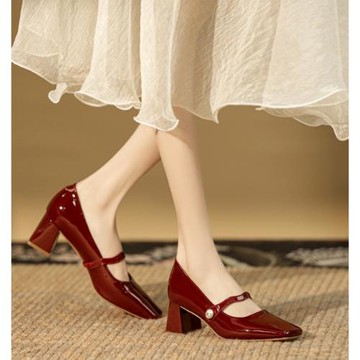 紅色高跟鞋女婚鞋2025年新款方頭新中式配旗袍粗跟復古瑪麗珍單鞋