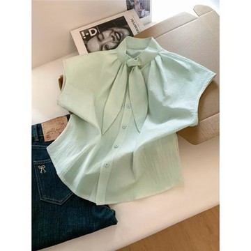 心動不止一次~韓系風系帶圓領短袖襯衫女夏季新款不規則顯瘦上衣