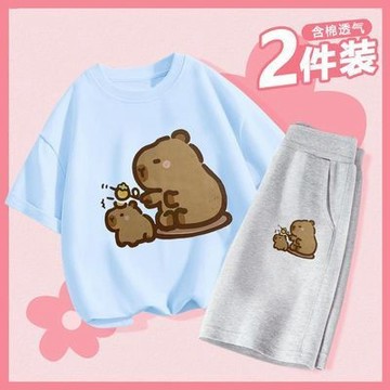 台灣出貨 水豚衣服 水豚短袖 卡皮巴拉兒童套裝 男寶短袖 兒童短袖短褲套裝 印花五分褲小童兩件套 短袖 T恤 衣服