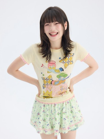 奶黃星星天使插畫印花短袖花邊 t 恤復古可愛百搭