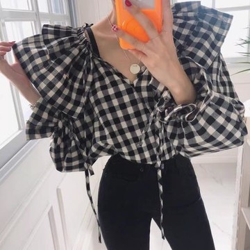 韓國chic早秋復古設計感V領系帶寬松百搭雙層荷葉邊長袖格子襯衫