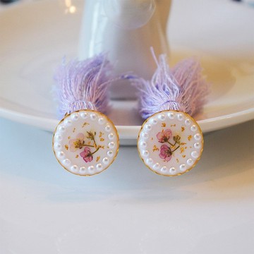 【茜作】乾燥花手工定制耳環吊墜耳夾耳針【芋泥波波】可兩戴