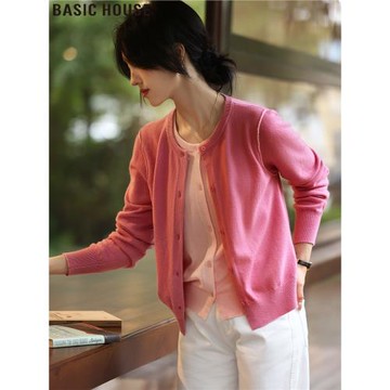 Basic House/百家好粉色假兩件圓領羊毛針織開衫女士2025秋冬新款