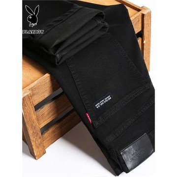 花花公子秋冬新款純黑色牛仔褲男士直筒寬松男褲休閑彈力加絨褲子