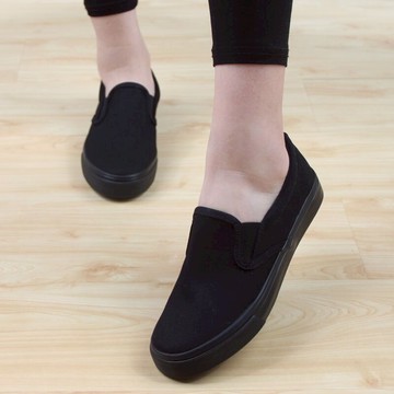 春季遠步帆布鞋女低幫一腳蹬樂福鞋平底學生休閑板鞋全黑色工裝鞋