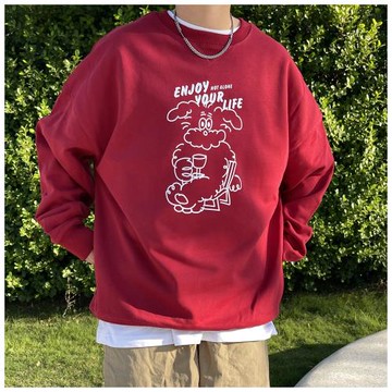 ENJOY YOUR LIFE小狗印花復古vintage男女款毛圈厚實圓領套頭衛衣