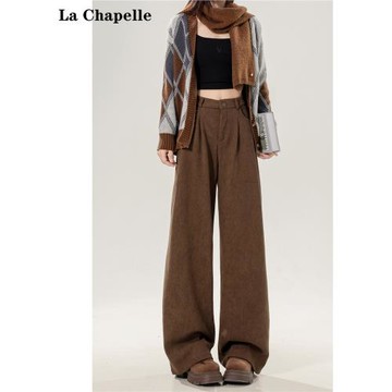 拉夏貝爾美拉德咖啡色燈芯絨闊腿褲女2025新款高腰直筒垂感西裝褲