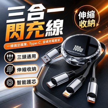 伸縮自如 三合一 充電線 100W 快充線 iPhone Apple孔 TypeC microusb 安卓