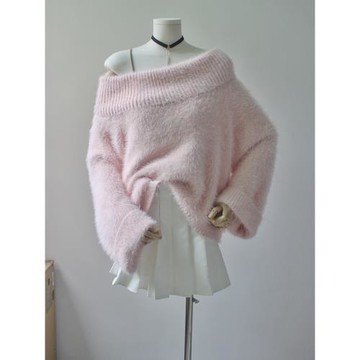 純欲一字肩堆堆領針織衫女露肩慵懶外穿上衣奶fufu秋冬高級感毛衣