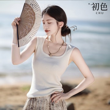 初色 簡約方領顯瘦修身無袖背心上衣女上衣-共2色-33993(M-XL可選/現貨+預購)