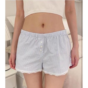 brandygirl夏季小睡褲高腰褲子女bm條紋蕾絲居家休閑褲短褲三分褲