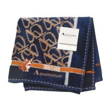Aquascutum 經典品牌柯基刺繡字母LOGO深藍老花圖騰小方巾(25.5CM)