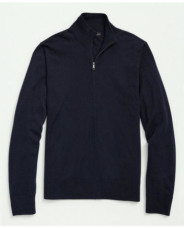 Brooks Brothers Men's Fine Merino Wool Full Zip Sweater | Navy | Size Large