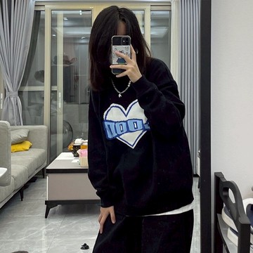 黑色衛衣女春秋薄款設計感印花愛心寬松慵懶風長袖上衣服