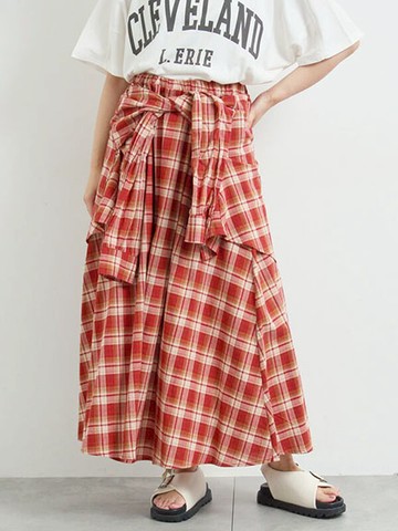 經典格紋仿襯衫綁結造型分層感長裙(0F001088010) - Samansa Mos2