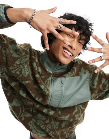 ASOS DESIGN oversized half zip sweatshirt with trend floral all over print in brown borg-Multi
