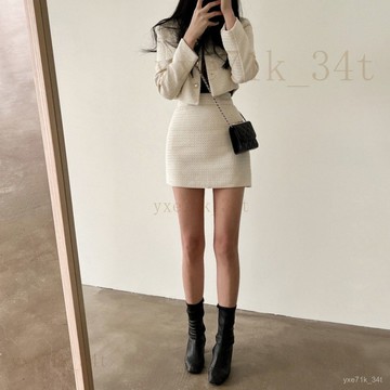 【臺灣出貨】🍋今日ootd 韓係一整套 懶人穿搭 套裝女 韓國chic法式香風圓領珍珠紐扣短外套高腰粗花呢半身裙兩件套