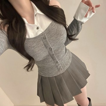 🇰🇷Korea韓國連線·正韓 拼接露肩襯衫上衣 長袖上衣 長袖T 長袖襯衫 露肩襯衫 露肩上衣 排釦上衣 氣質上衣 女裝